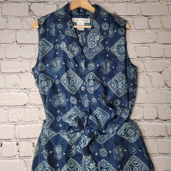 Evan Picone 100% Silk Blue Geometric Print Cutout Middle Collared Dress Size 10 - Picture 2 of 15